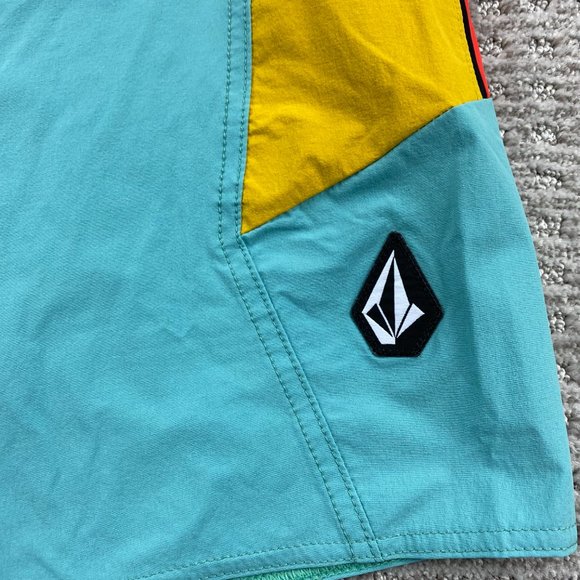 VOLCOM Swim Trunks Men 38 Teal Yellow Orange Bathing Suit Board Shorts Surfing - Picture 3 of 14